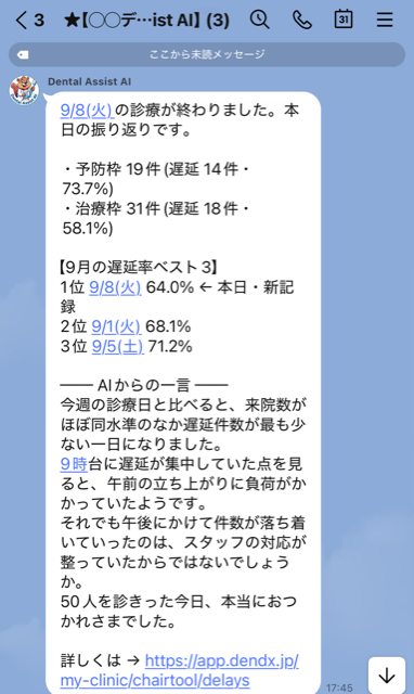 診療終了30分後に届くLINEサマリーの実際の画面